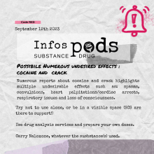 Numerous reports about cocaine and crack highlights multiple undesirable effects such as: spasms, convulsions, heart palpitations/cardiac arrests, respiratory issues and loss of consciousness. Try not to use alone, or be in a visible space (SCS are there to support!) Use drug analysis services and prepare your own doses. Carry Naloxone, whatever the susbstance(s) used. 